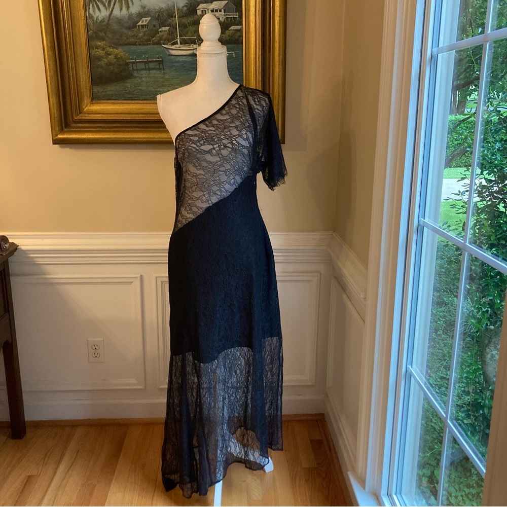 ASOS Black Lace Asymmetrical One Shoulder Slip Dress NWOT - Picture 9 of 9